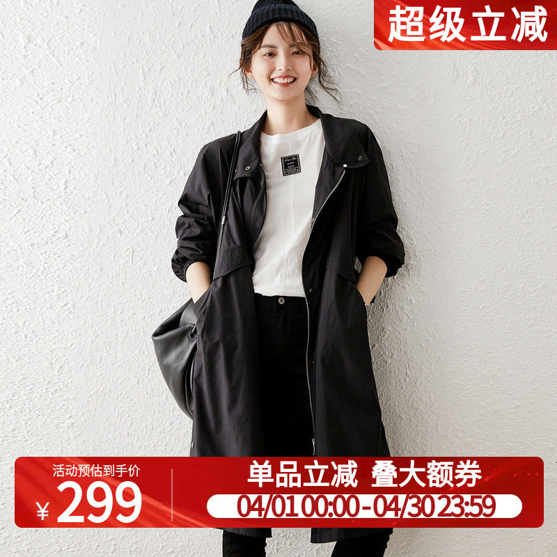 白鹿语气质系带立领外套春秋款黑色百搭时尚宽松休闲中长款风衣女