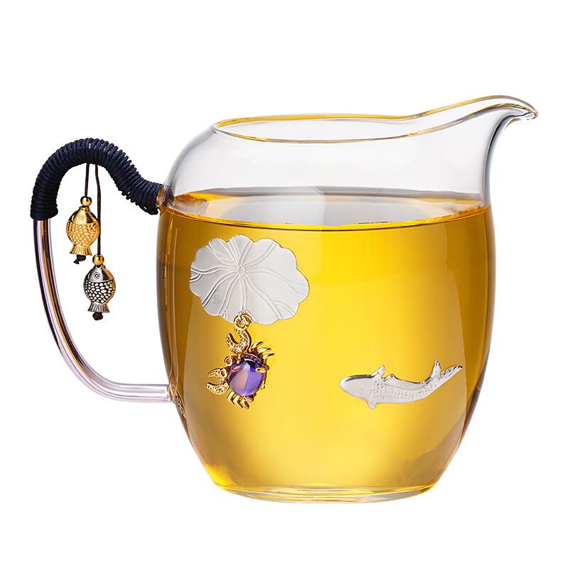 高品质玻璃公道杯带把镶银茶海单个分茶器功夫茶具配件家用耐高温