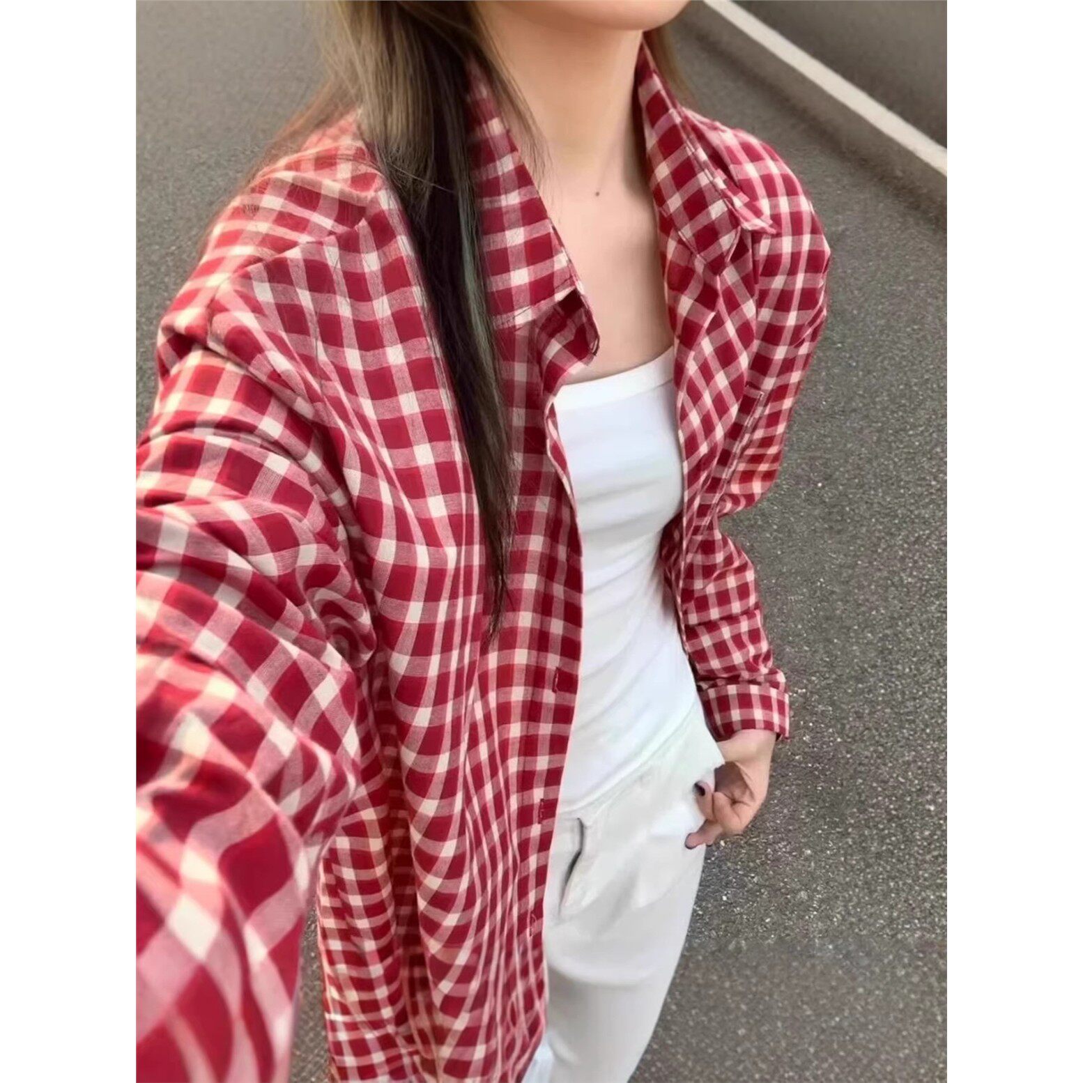 韩系复古红色格子长袖衬