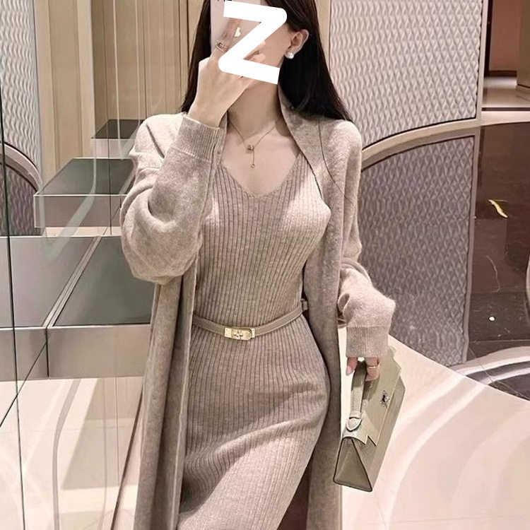 性感复古御姐毛衣套装女春冬新款简约吊带连衣裙针织开衫两件套潮