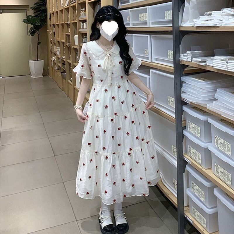 娃娃领连衣裙少女夏装2026新款初中高中学生学院风甜美雪纺长裙子