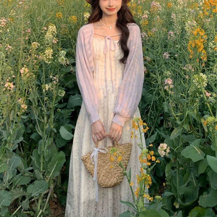 法式温柔风花边吊带连衣裙女新款春季外带坎肩针织衫两件套装抽褶