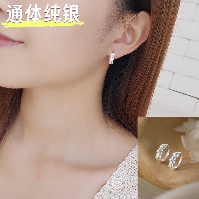 S925银桃花锆石耳夹防过敏耳环女