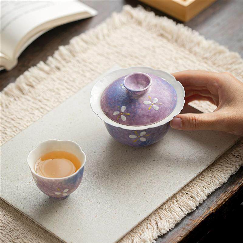 岩矿釉纯手绘釉下彩紫穹花叙陶瓷盖碗茶杯茶壶主人杯水杯茶具合集