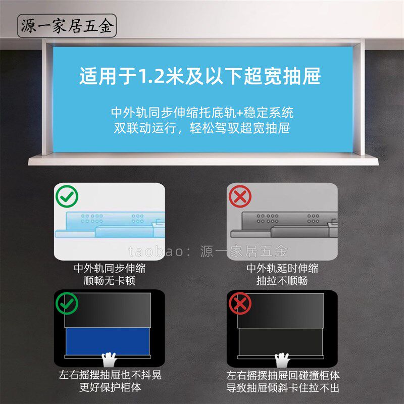 踢脚抽屉反弹缓冲托底轨道侧边稳定器同步平衡杆反弹滑轨阻尼滑轨