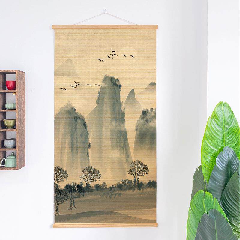 客厅装饰画中式山水画沙发背景墙画风景国画竹子卷帘茶室挂画风水