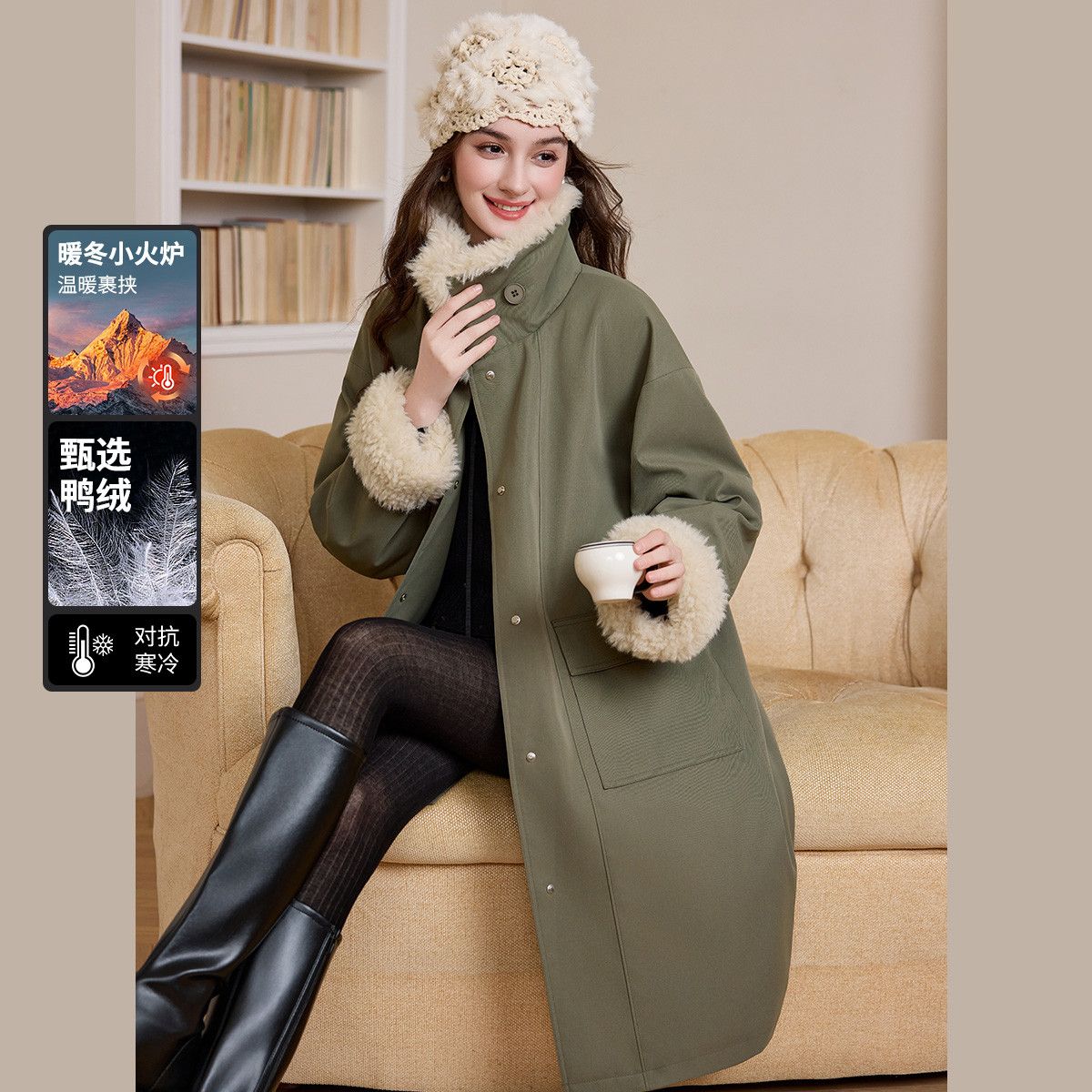 【北欧·童话】白鹿语工装风鸭绒羽绒服25秋冬新款长款军绿色外套