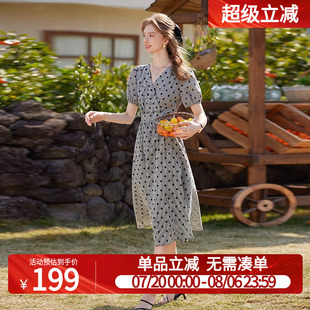 长款 白鹿语时尚 修身 波点连衣裙25夏装 女裙子 复古V领正肩泡泡袖