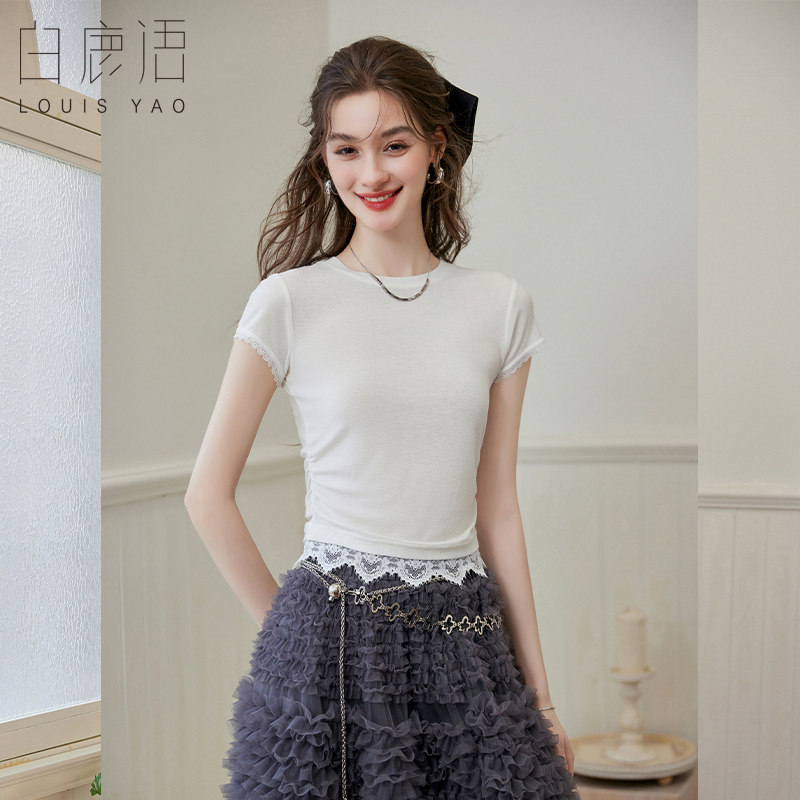 白鹿语甜美蕾丝拼接短袖T恤26夏新款白色内搭修身简约百搭上衣女