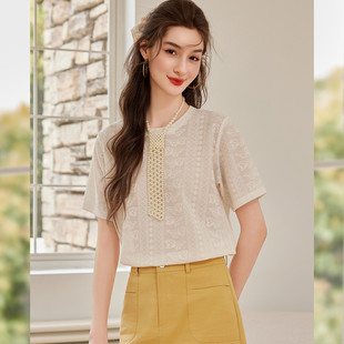 新款 上衣26夏季 休闲套头女T恤 蝴蝶提花短袖 白鹿语设计感小众时尚