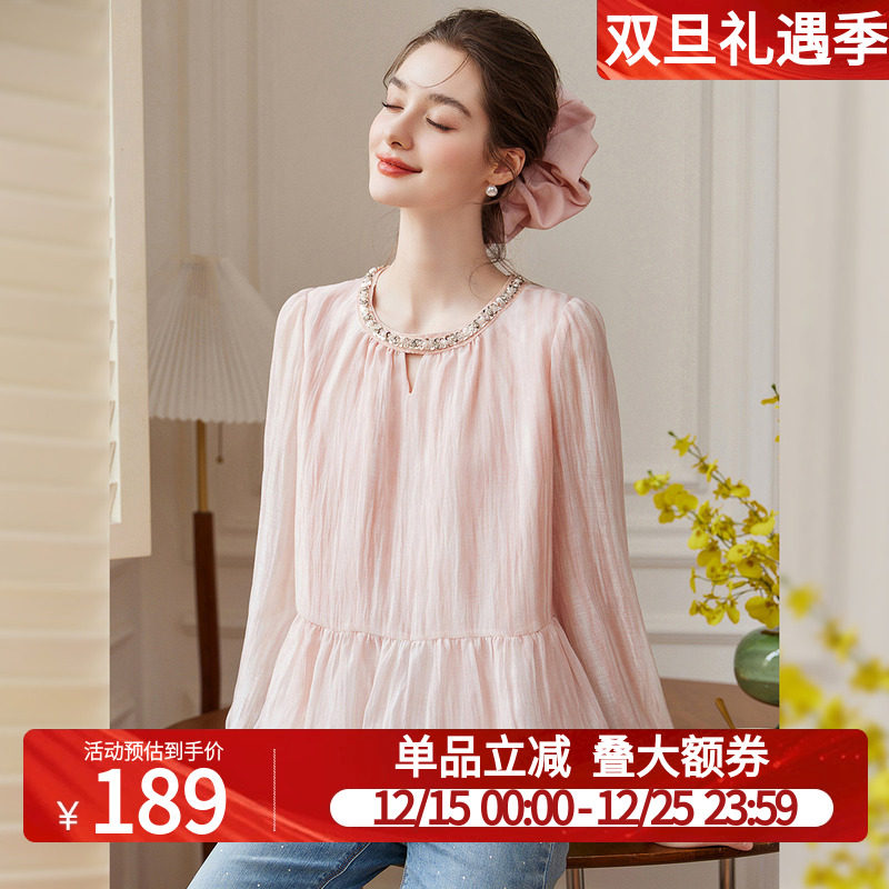 白鹿语圆领复古时尚25秋季荷叶边织带拼接肌理感无弹套头女式衬衫