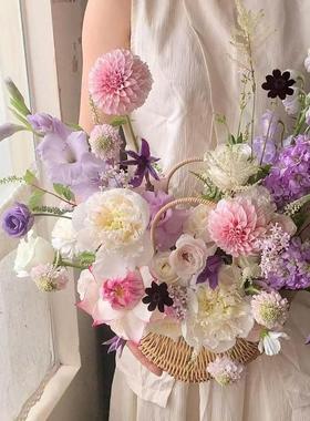 东方家 半月形复古风手提花铁艺造型篮鲜花绿植鲜花收纳F13白色