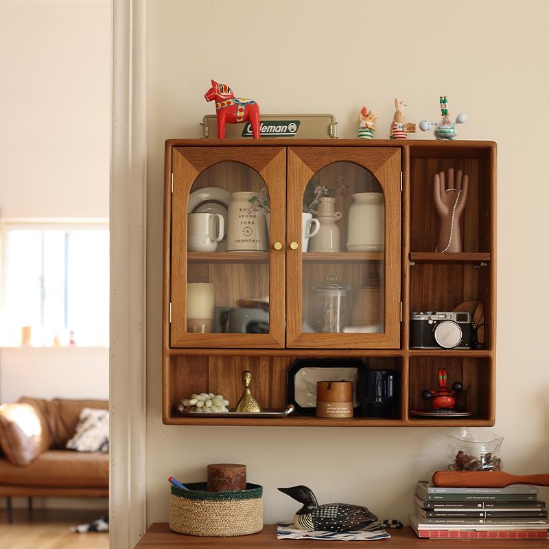 山白集缅甸柚木复古吊柜 榫卯结构法式中古风壁柜 厨房马克杯置物