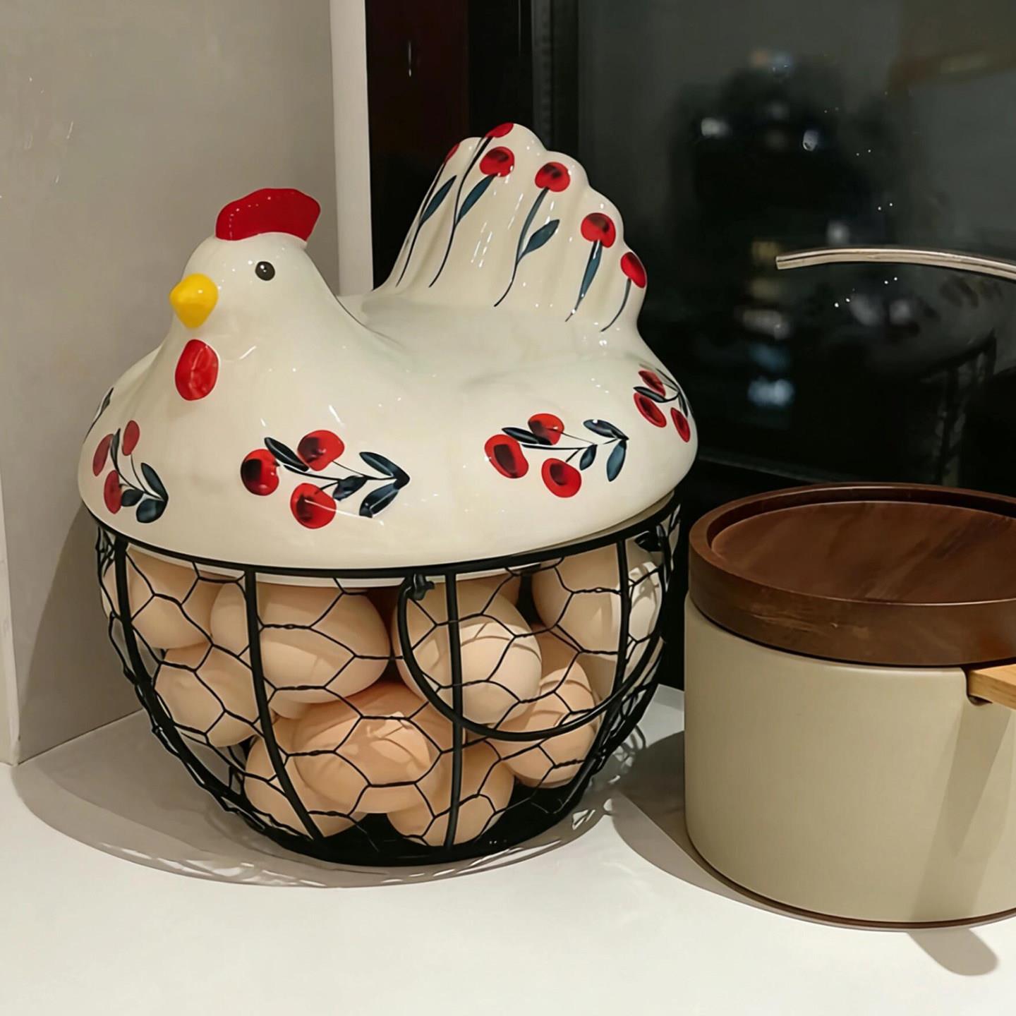 【幸福感小物件】可爱鸡蛋收纳盒陶瓷家用厨房桌面创意铁艺编织筐