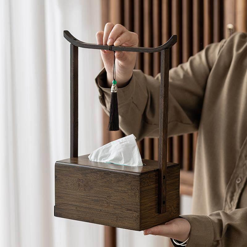 竹木纸巾盒客厅桌面茶室高级多功能商用古风茶几遥控器纸巾收纳盒