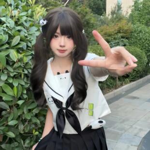 呆喵假发网红少萝自然lolita假发双马尾齐浏海新款冷棕色60cm卷发