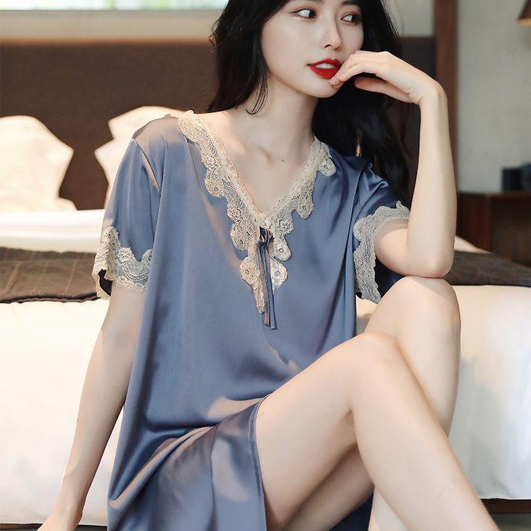 夏季冰丝V领睡裙女士短袖睡衣薄款蕾丝花边丝绸妈妈款家居服套装