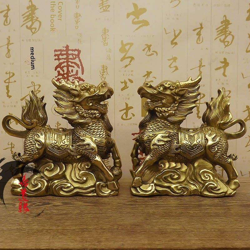 纯铜麒麟摆件一对黄铜铜祥云麒麟工艺品客厅办公室桌家居摆设饰品