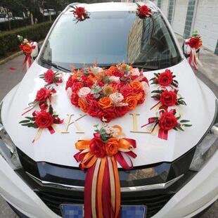 金色婚礼婚车花婚车装 饰车头花主婚车装 饰车队拉花仿真婚车花套装