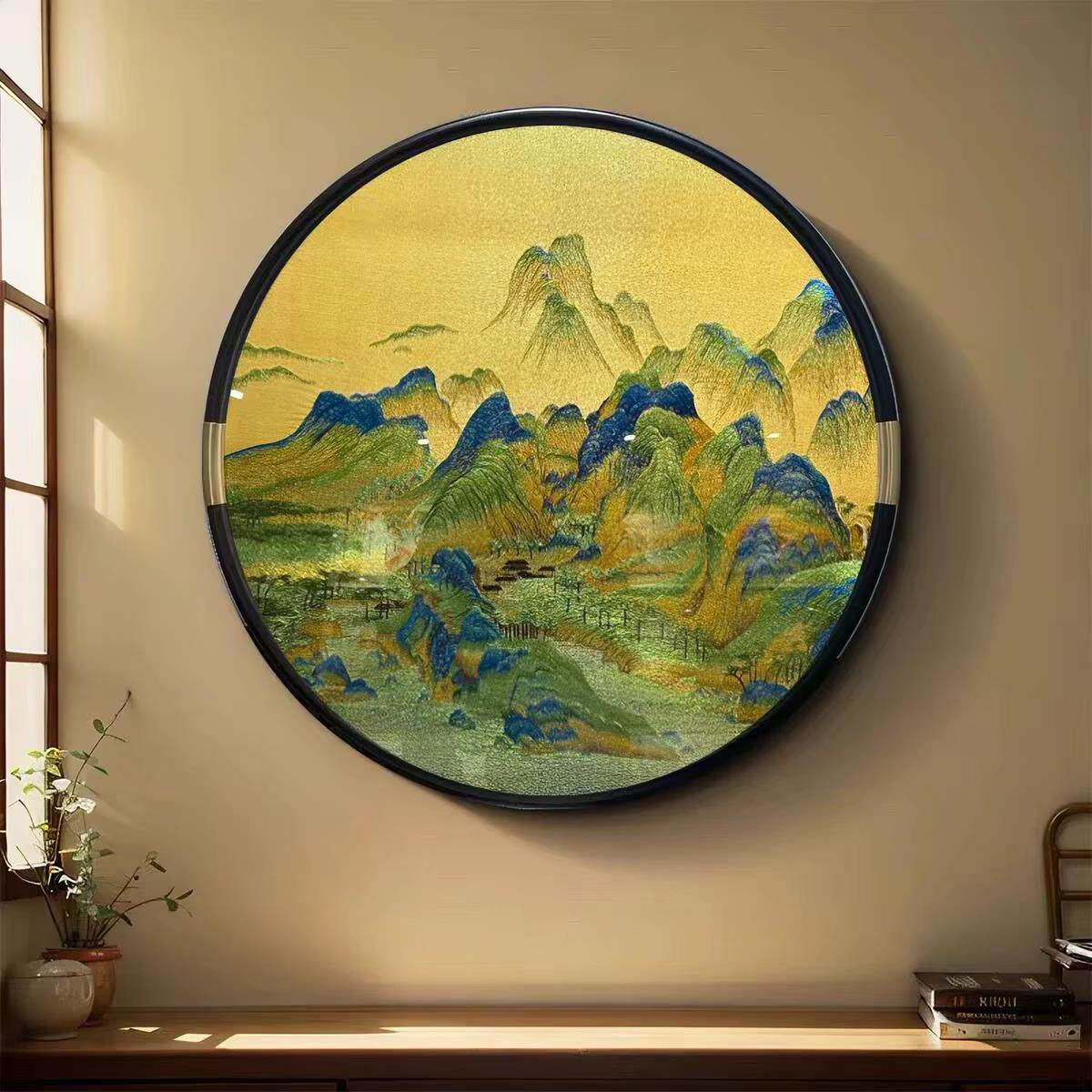 千里江山图挂画圆形客厅山水画装饰画新中式玄关背景墙挂画靠山国