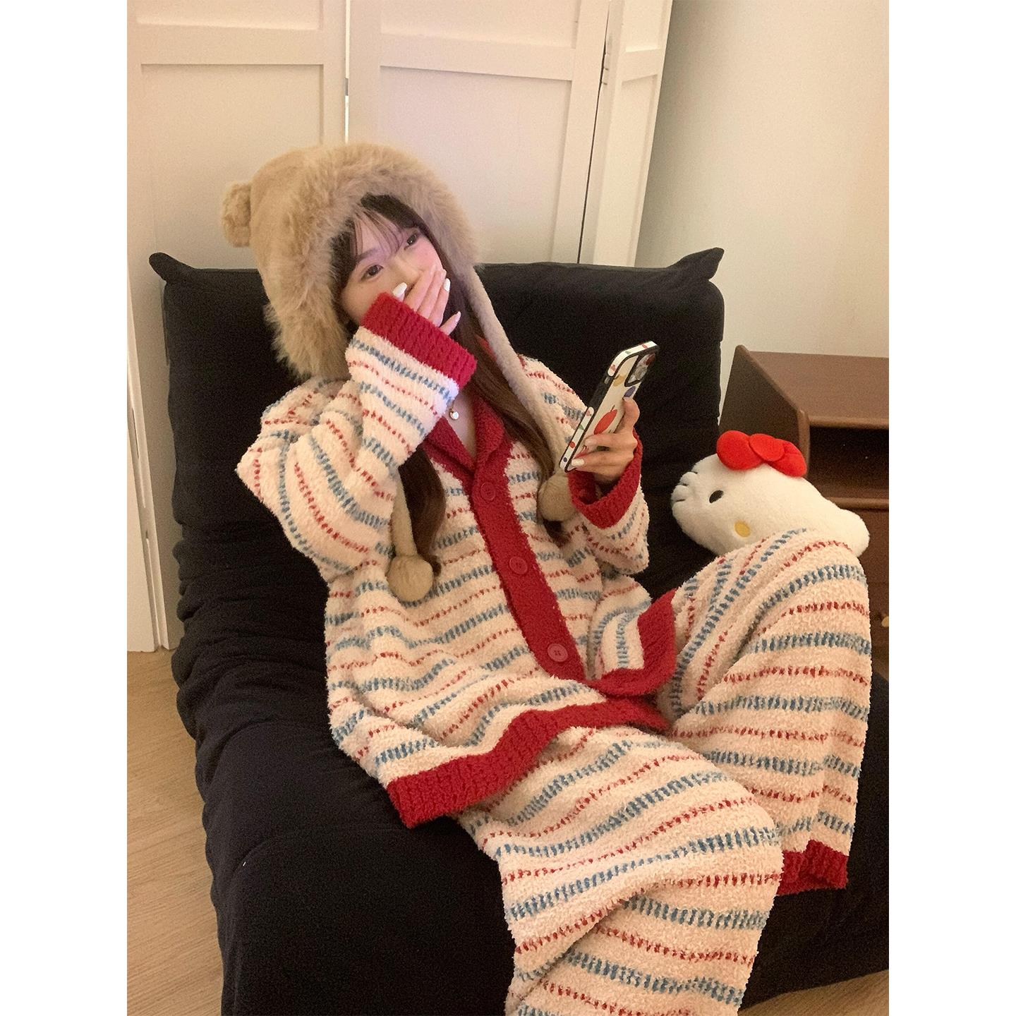 日系覆古条纹半边绒长袖睡衣女秋冬新款大码加厚家居服套装可外出