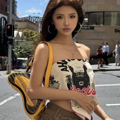 UNIQUE 别样 花色丝质 时尚潮流百搭美式新款辣妹风个性抹胸上衣