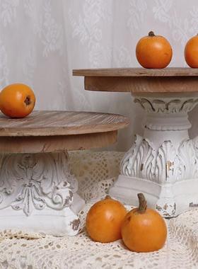 实木圆形底座复古田园雕刻工艺品摆件原木托架茶盘果盘香薰托盘