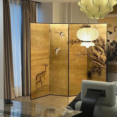 折屏屏风隔断手绘金箔漆画屏风古松日式仙鹤移动背景墙
