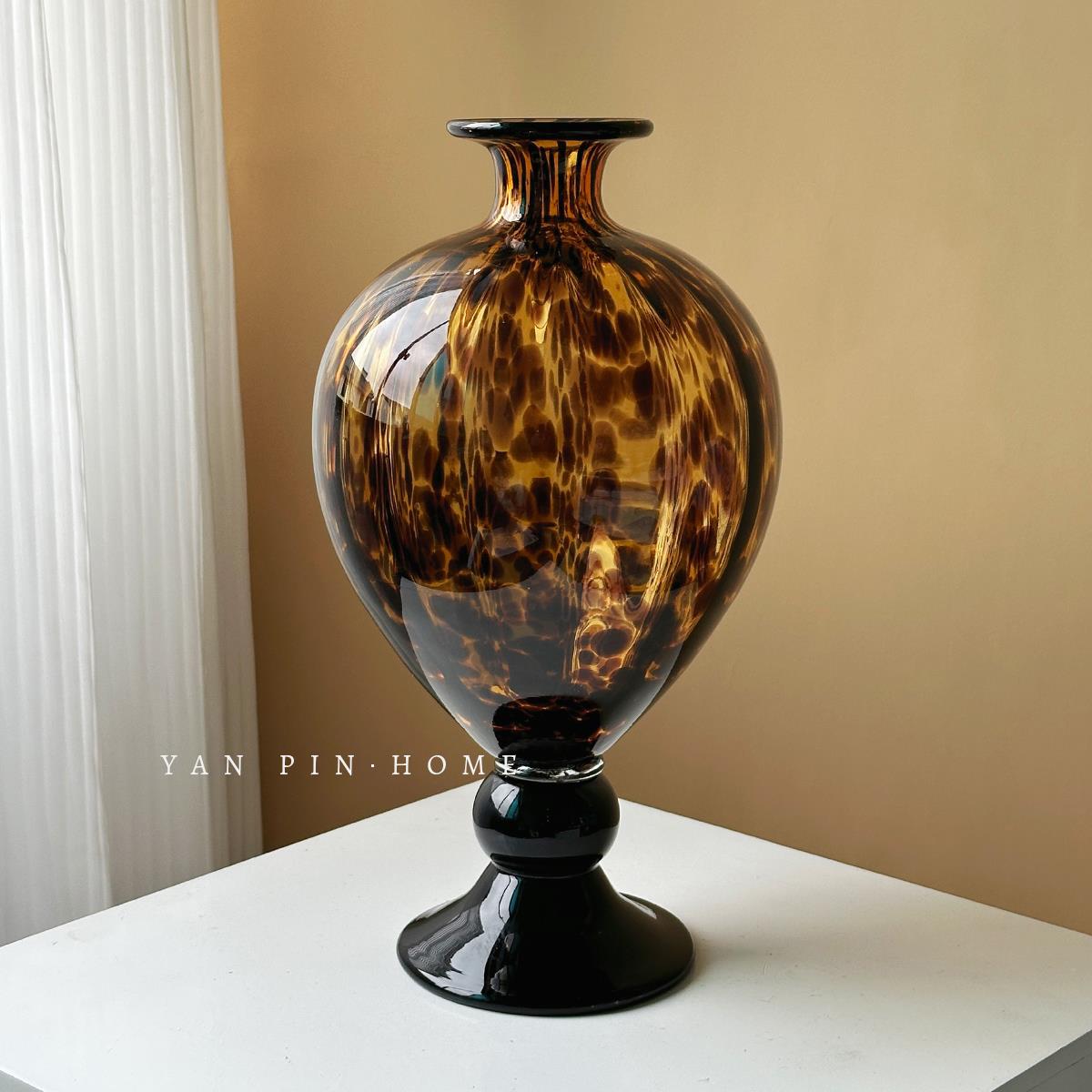 中古花瓶轻奢高级感家居摆饰大肚豹纹花器艺术软装水培鲜花植物瓶