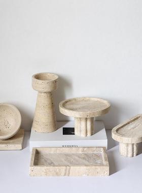 轻奢Wabi-Sabi大理石黄色石灰华托盘高水果盘餐桌甜品盘入口储物