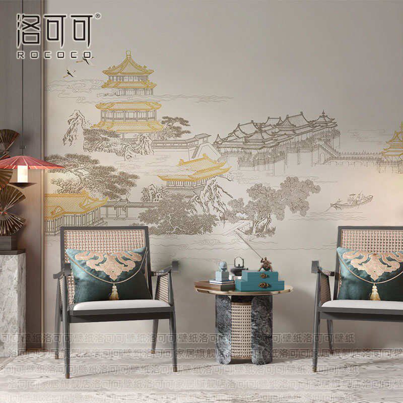 热销新中式电视背景墙壁画新款山水楼阁壁纸客厅壁布沙发书房刺绣
