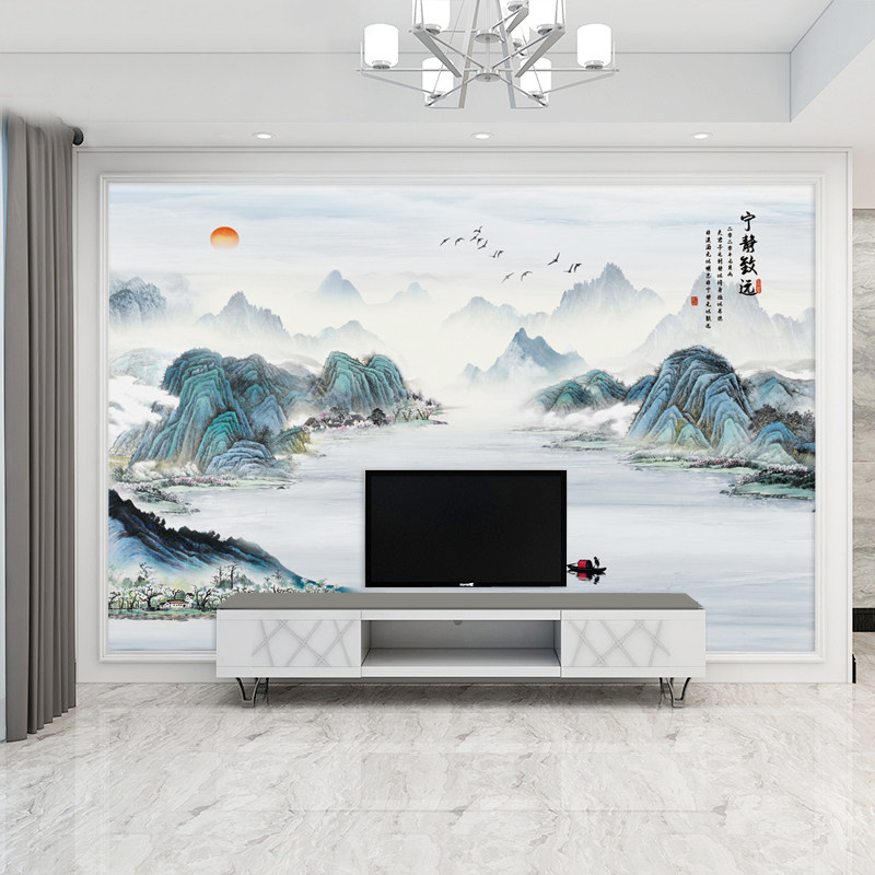 热销水墨山水电视背景墙壁纸新中式壁画影视墙纸客厅轻奢墙布大气