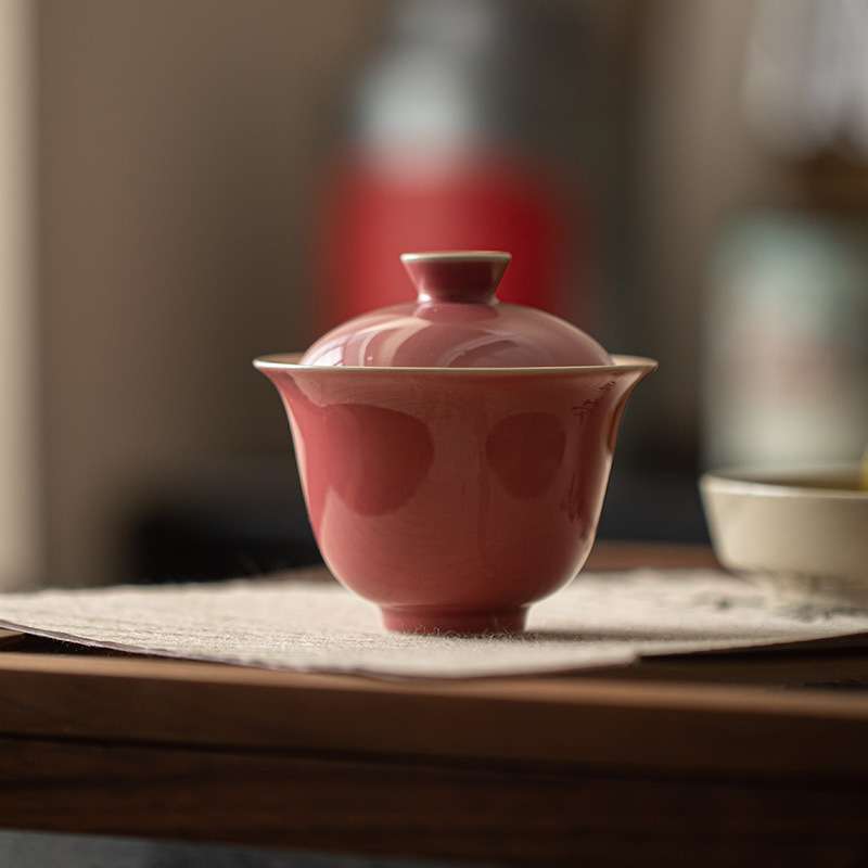墨己 浅豆红仿古陶瓷盖碗 双线手绘豇豆红防烫家用茶具泡茶碗