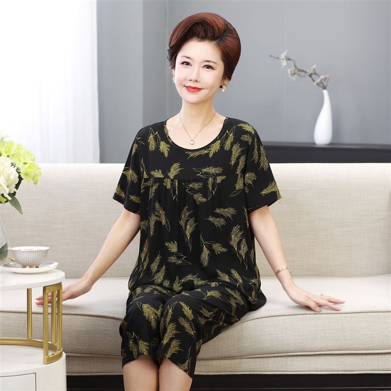 2023新款中老年睡衣夏人棉绸女士短袖七分裤圆R领套装人造棉妈妈
