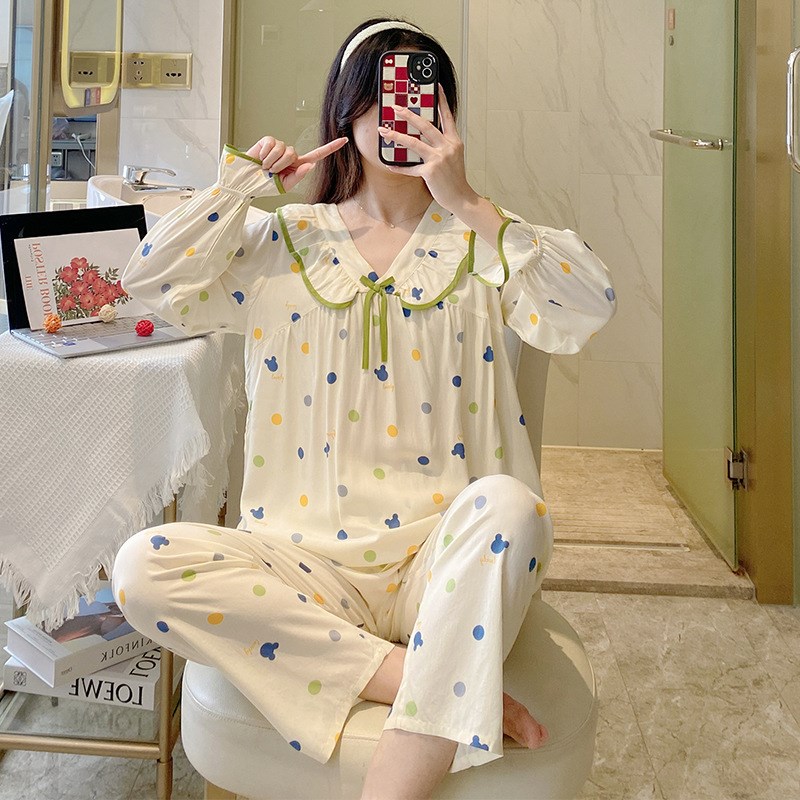 2023年新款长袖棉绸睡衣女春秋季薄款家居服韩版清新学.生绵绸套