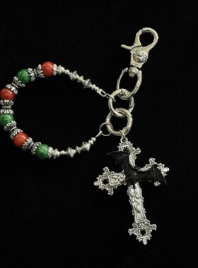 SFSN玉髓红绿珠蝙蝠花纹十字架腰间挂饰复古风高级小众美式钥匙扣