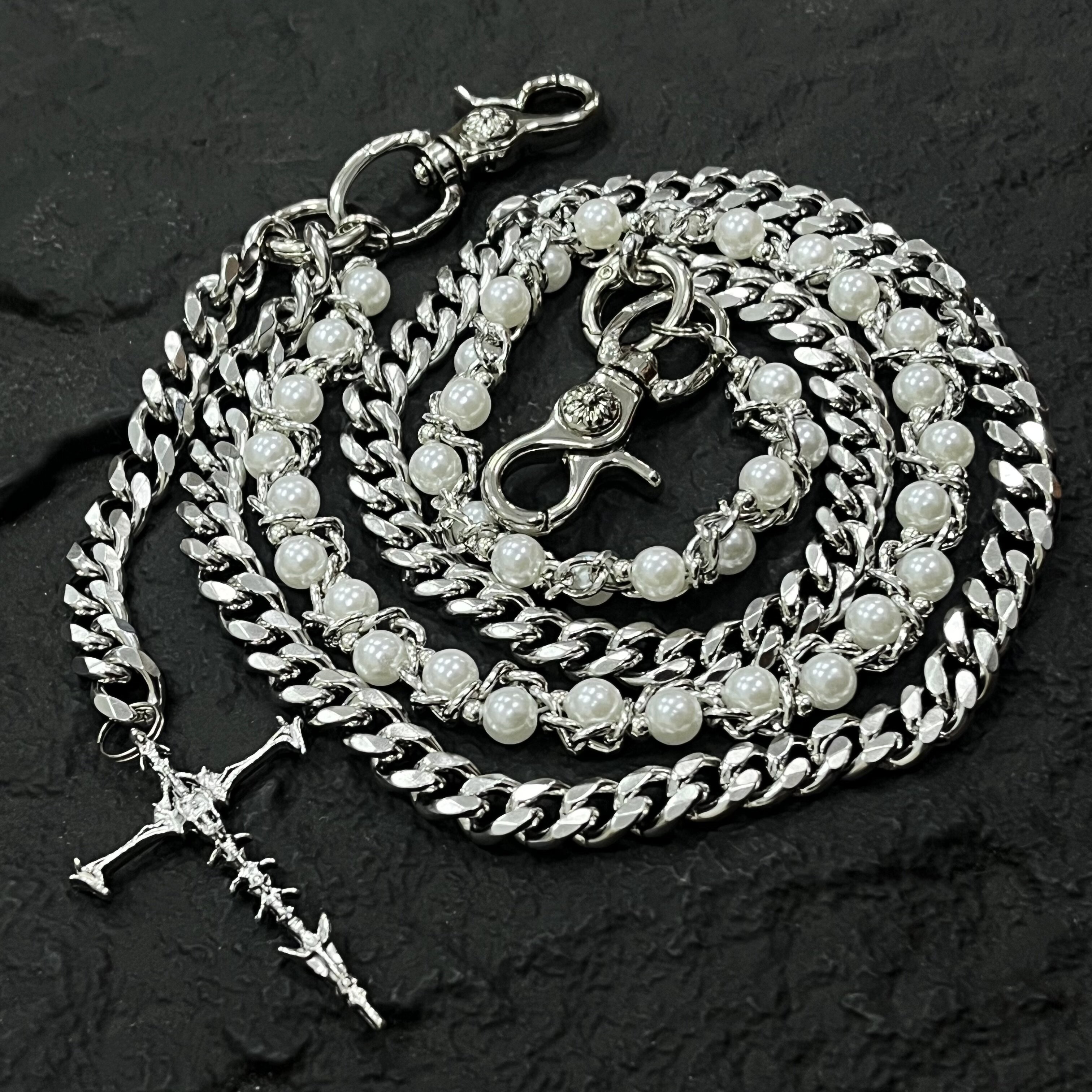 SFSN原创设计缠绕珍珠骷髅十字架裤链cleanfit金属腰间配饰挂件