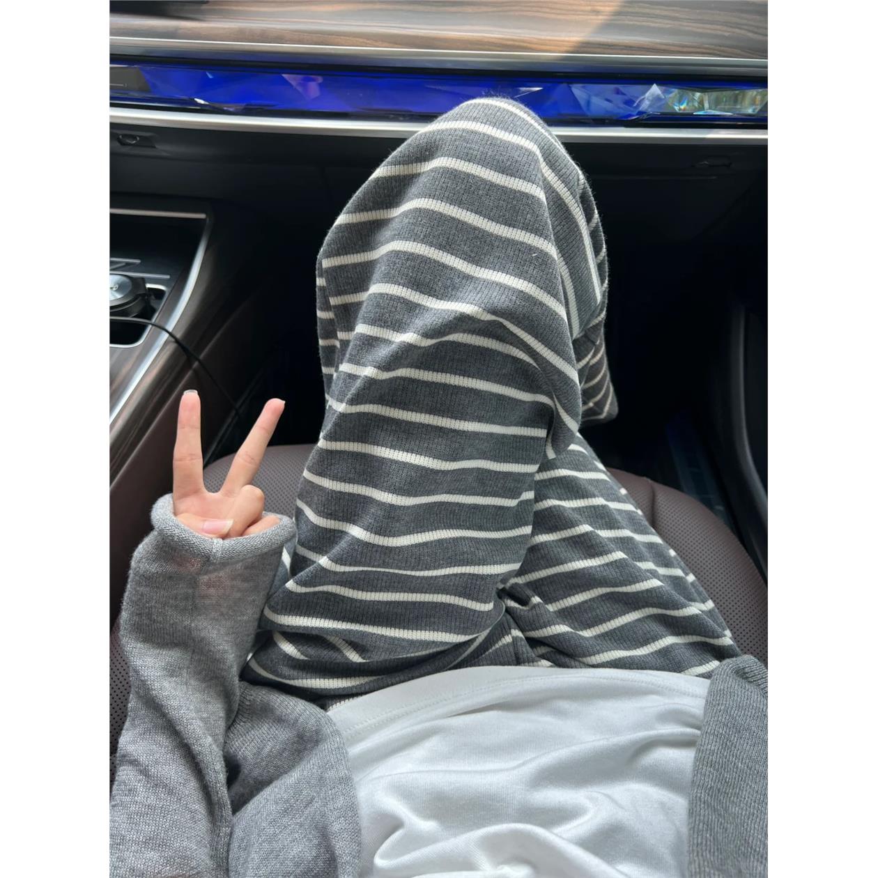 针织条纹阔腿裤女春秋季2
