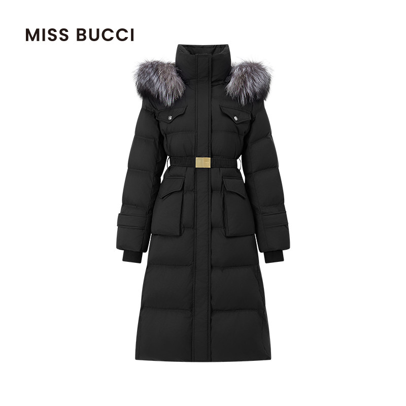 MISS BUCCI 秋冬白鸭绒收腰修身中长款高领连帽毛边羽绒服女