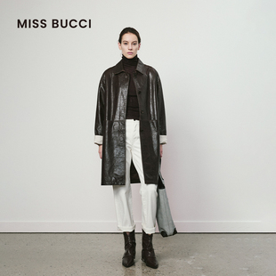 口高级简约长款 巧咖亮面皮撞色袖 羊皮外套女 BUCCI25秋冬新款 MISS