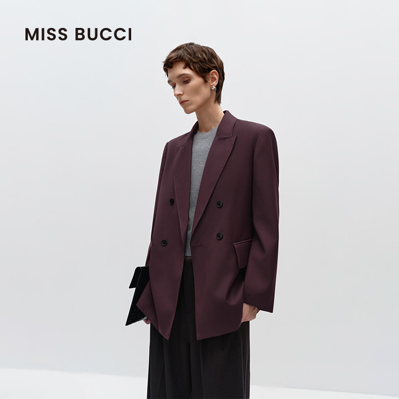 MISS BUCCI 秋冬款女士商务通勤宽松双排扣羊毛混纺西装外套女