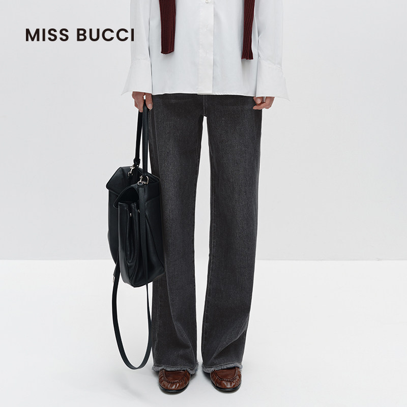 MISS BUCCI 秋冬款高腰宽松显瘦复古毛边做旧直筒阔腿牛仔裤女