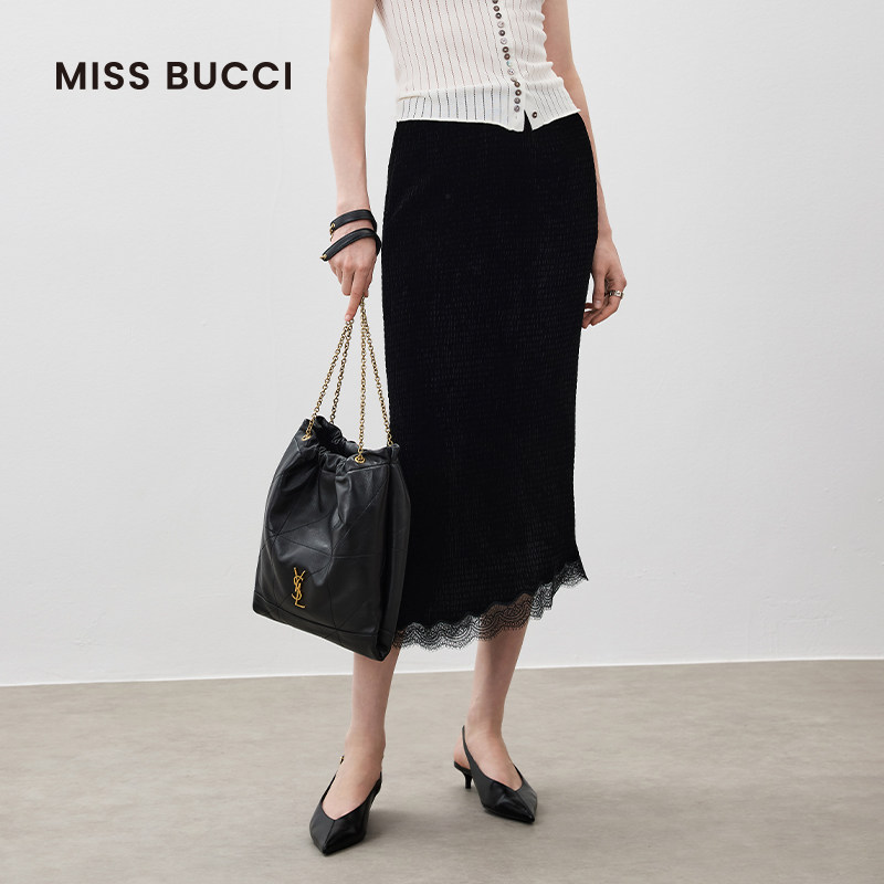 MISS BUCCI26春夏新款高腰显瘦蕾丝半身裙女开叉中长款气质直筒裙