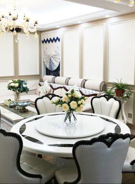 然大理石餐桌椅组28356合现代简约圆天形6人8黑白带转欧盘小式户