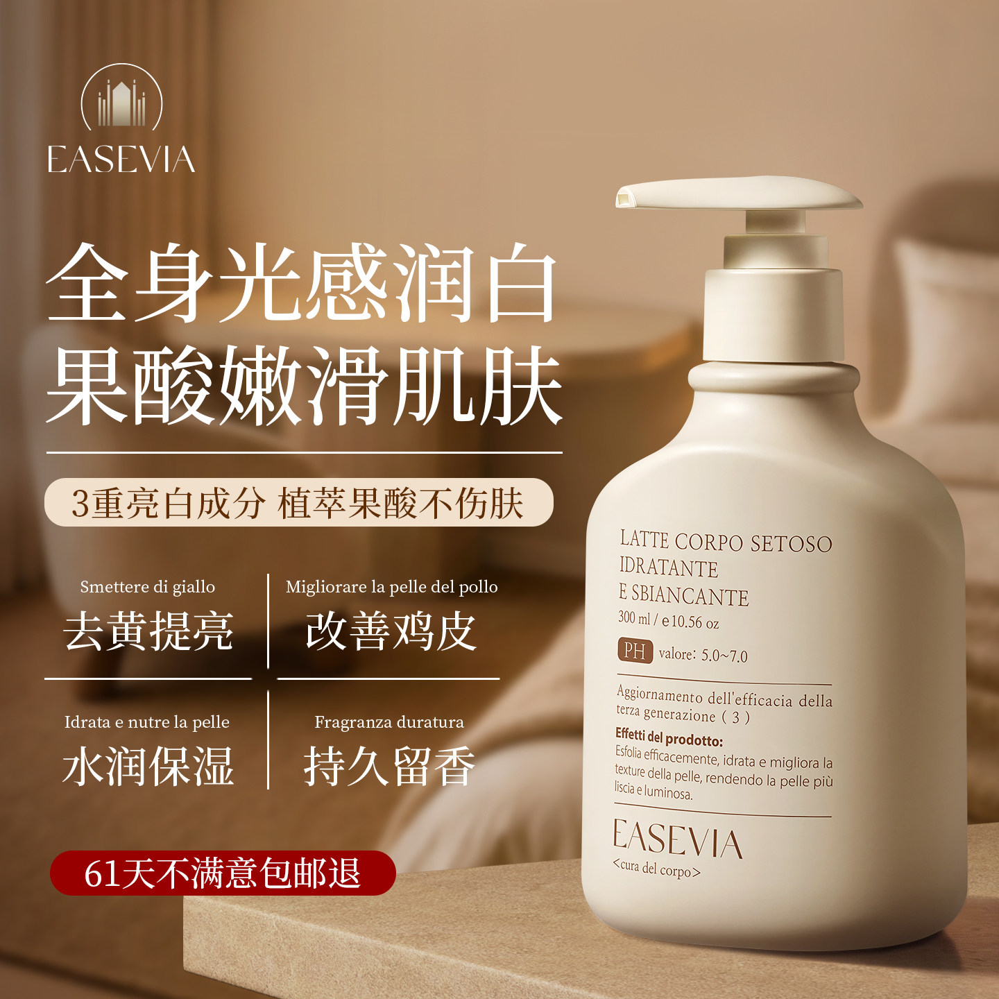 进口果酸美白身体乳保湿滋润女皮肤补水烟酰胺持久留香改善鸡皮肤