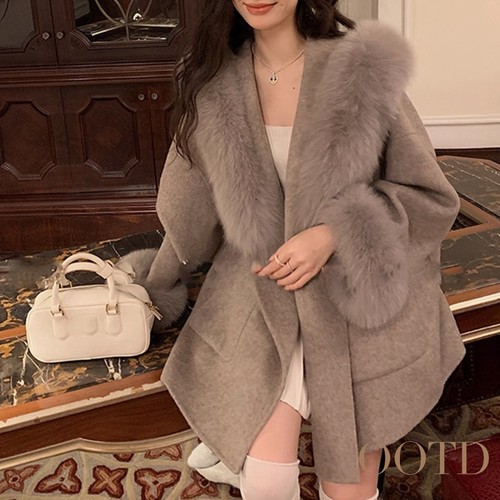 沪上千金~狐狸毛领连帽羊毛大衣外套女款2025新款冬装呢子上衣潮