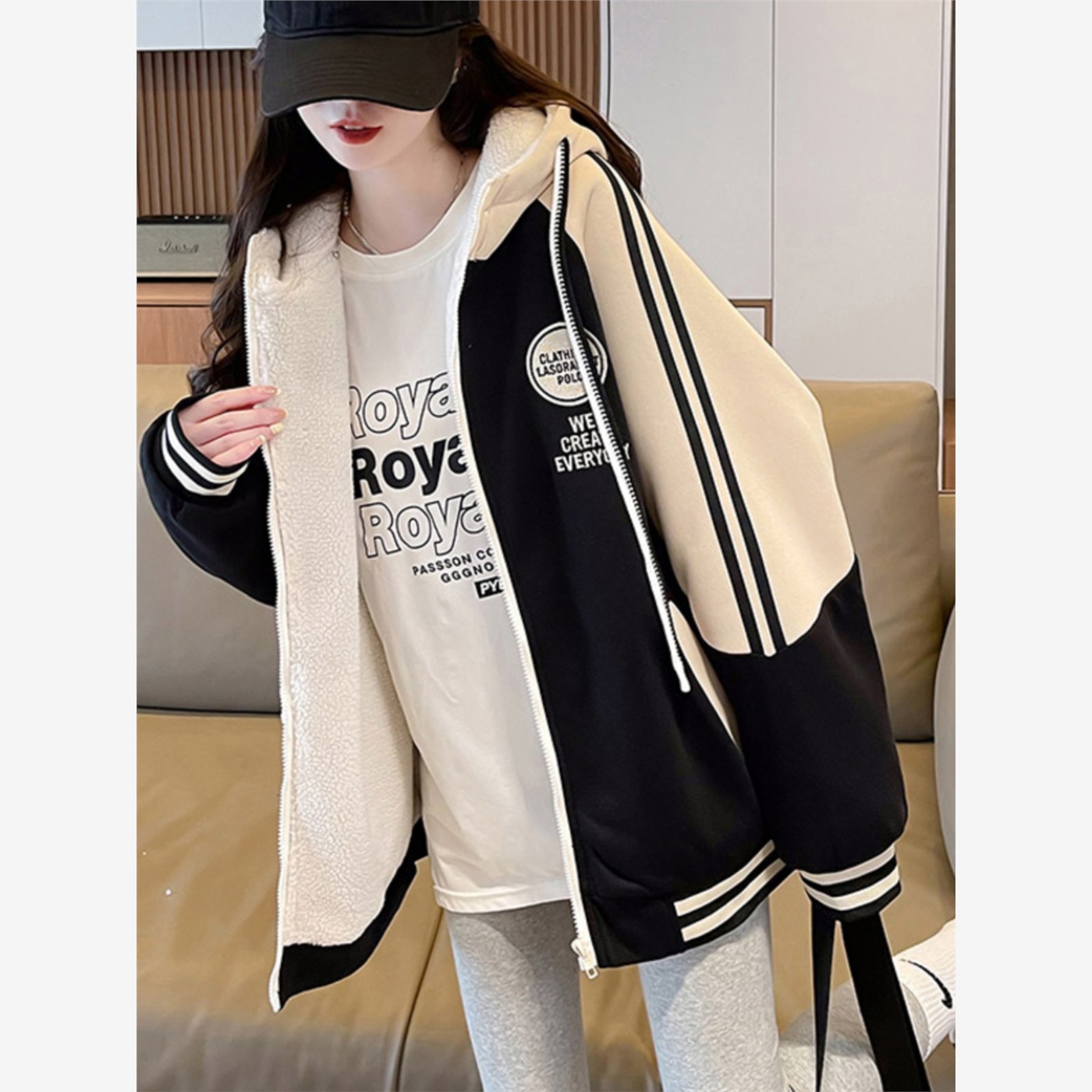 棉绒加厚女子棒球服初高中学生冬季棉衣宽松休闲大码连帽运动衫夹