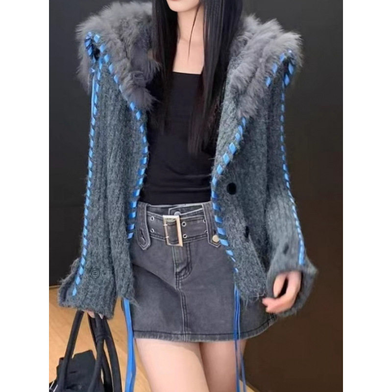 YS海军领编织丝带抽绳针织开衫女秋冬时尚休闲加厚毛衣带毛领外套