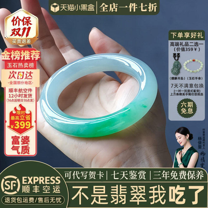 仟喜梵&ldquo;清婉之音&rdquo;缅甸高端翡翠玉手镯子女款白底青飘花送礼处理