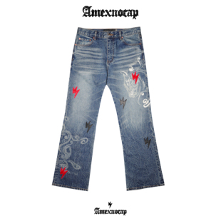 【马年限定】 Amexnocap闪电牛仔裤马年限定阔腿高街直筒宽松水洗